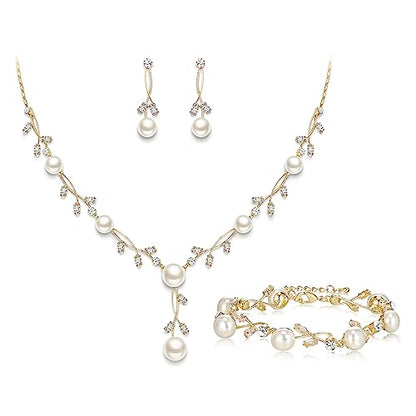 EVER FAITH Cubic Zirconia Pearl Leaf Vine Wedding Jewelry Set for Bride | Crystal Filigree Bridal Necklace Earrings, for Women Bridesmaid - color: 3pcs_Clear Gold-Plated-Brass