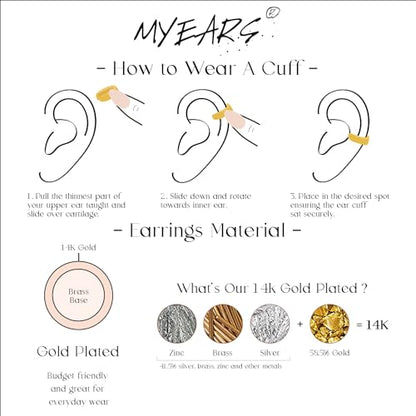 Women Ear Cuff Earrings Gold Non Pierced Cartilage Clip on Open Wrap Link Hoop 14K Gold Plated Simple Hypoallergenic Everyday Jewelry - style: Bar / Pair
