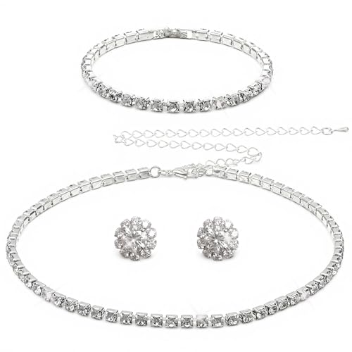 Silver Bridal Wedding Jewelry Set Necklace Earrings Bracelet,Silver | Elegant, Rhinestone, for Women, Bridesmaid, Bridal Wedding Jewelry Sets, Formal, Costume, Accessories