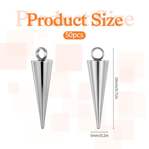 50 Pcs Stainless Steel Cone & Spike Charms Spike Beads Silver Cones Charm Cone Pendants Spikes Punk Style Dangle Earrings & Bracelet Charms for DIY Necklaces Bracelets Earring Making