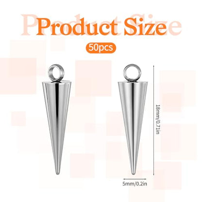 50 Pcs Stainless Steel Cone & Spike Charms Spike Beads Silver Cones Charm Cone Pendants Spikes Punk Style Dangle Earrings & Bracelet Charms for DIY Necklaces Bracelets Earring Making
