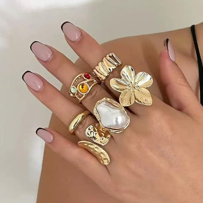 Chunky Gold Rings Set for Women Trendy Statement Flower Knuckle Ring Baroque Pearl Stack Ring Wrinkled Prom Outfits Accessories - color: Gold