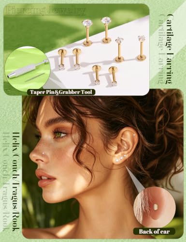 4Pairs 16G 18G G23 Titanium Flat Back Stud Earrings for Women Extended Internal Thread Cartilage Earrings Hypoallergenic Conch Helix Tragus Stud Lip Labret Medusa Nose Piercing Jewelry - color: Gold, size: 18G(1.0mm)