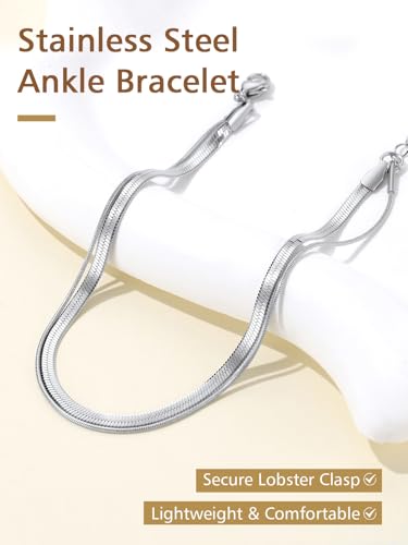 FindChic Ankle Bracelets for Women, Silver/Black/Gold Plated Layered Stainless Steel Anklets, Non-Tarnish Adjustable Waterproof Trendy Foot Jewelry for Beach Summer - style: Layered Snake Chain-Silver