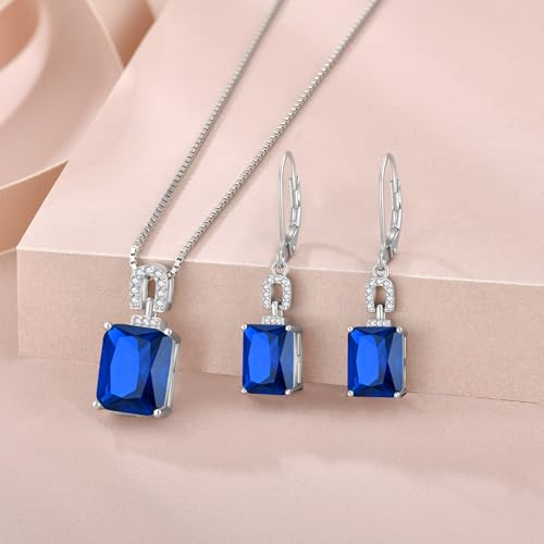 Emerald Cut Birthstone Necklace for Women 925 Sterling Silver | Baguette Birthstone Pendant Necklace, Jewelry for Mom Wife - color: Royal Blue