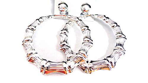 Clip-on Hoop Earrings Bamboo Silver Tone Old School 2.5 inch Hoop Earrings Non Pierced