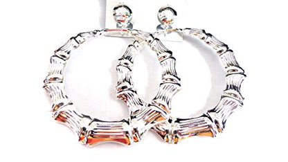 Clip-on Hoop Earrings Bamboo Silver Tone Old School 2.5 inch Hoop Earrings Non Pierced