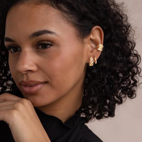 Women Gold Earrings Huggie Hoop Cubic Zirconia 14K Gold Plated Small Simple Hypoallergenic Everyday Jewelry - style: Braided