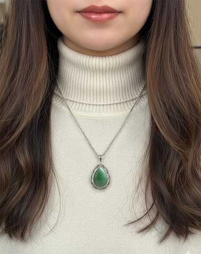 Natural Gemstone Pendant Necklace, Vintage Silver Filigree Boho Protection Unisex Jewelry with Stainless Steel Chain for Women Men