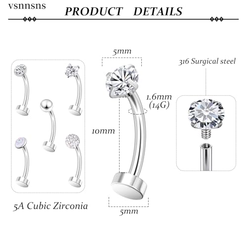 14G Floating Belly Button Ring Piercing Jewelry 316L Stainless Surgical Steel Round Heart Cubic Zirconia Opal Navel Rings Belly Button Ring Piercing Jewelry for Women 14 Gauge Hypoallergenic - color: Silver-10MM Bar-Clear CZ