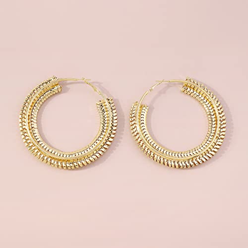Extra Large Chunky Cuban Hoop Earrings Geometric Double Layered Round Loop Boho Earrings for Women (80mm gold) - size: 80mm gold