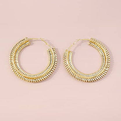 Extra Large Chunky Cuban Hoop Earrings Geometric Double Layered Round Loop Boho Earrings for Women (80mm gold) - size: 80mm gold