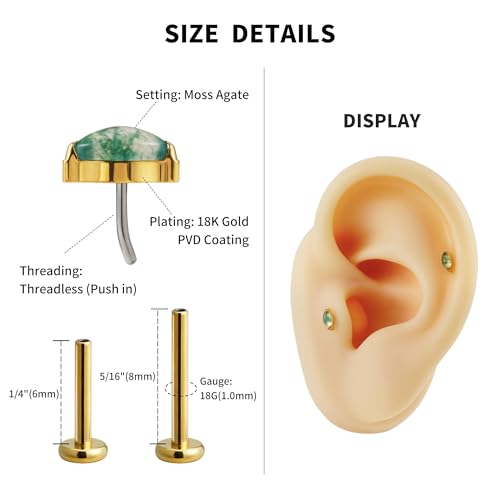 1PC ASTM F136 Titanium Piercing Jewelry for Tragus Conch Helix Flat Labret 18G 6mm 8mm, Cartilage Earring Flatback Stud - color: Moss Agate Marquise - Gold
