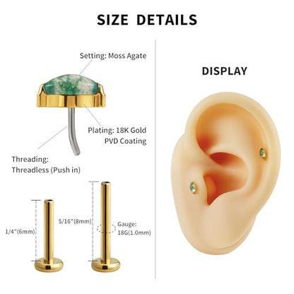 1PC ASTM F136 Titanium Piercing Jewelry for Tragus Conch Helix Flat Labret 18G 6mm 8mm, Cartilage Earring Flatback Stud - color: Moss Agate Marquise - Gold