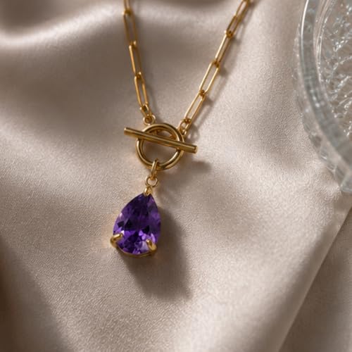 Teardrop CZ Pendant Paperclip Chain Necklace 18K Plated Paperclip Toggle Necklace Jewelry Birthstone Gift for Women - color: Amethyst-February