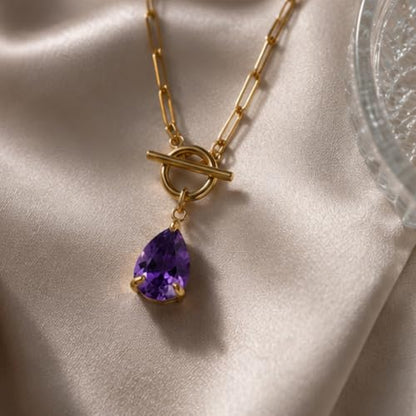 Teardrop CZ Pendant Paperclip Chain Necklace 18K Plated Paperclip Toggle Necklace Jewelry Birthstone Gift for Women - color: Amethyst-February