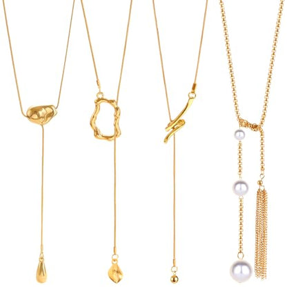 CHICUTIE Long Y Gold Necklace for Women, 14k Gold Plated Lariat Y-Shaped Chunky Pendant Necklaces Trendy Dainty Drop Necklaces Jewelry for Women Gifts - color: Gold