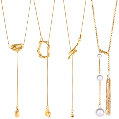 CHICUTIE Long Y Gold Necklace for Women, 14k Gold Plated Lariat Y-Shaped Chunky Pendant Necklaces Trendy Dainty Drop Necklaces Jewelry for Women Gifts - color: Gold
