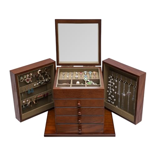 Large Jewelry Box Organizer with Mirror, 4 Drawers, Soft Velvet Lining, 5-Layer Brown Retro Wooden Jewelry Storage Boxes & Organizers for Rings Earrings Necklaces Bracelets, Women Girls Gifts - color: Brown A, size: 5-Layer