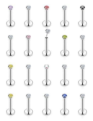 16G 18G 20G Threadless Push in Lip Rings Stainless Steel Flat Back Nose Rings Studs Tragus Helix Conch Cartilage Lobe Earrings Stud Piercing Jewelry for Women Men Diamond CZ Silver 20PCS - color: 20G-8MM Length-2MM CZ