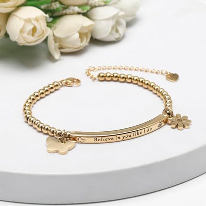 DS Inspirational Bracelet for Women Christian Engraved Bibler Verse Cross Butterfly Daisies Charm Bracelet, Exquisite Stainless Steel Jewelry Daughter Best Friend Bestie - style: Believe in you like i do-Gold