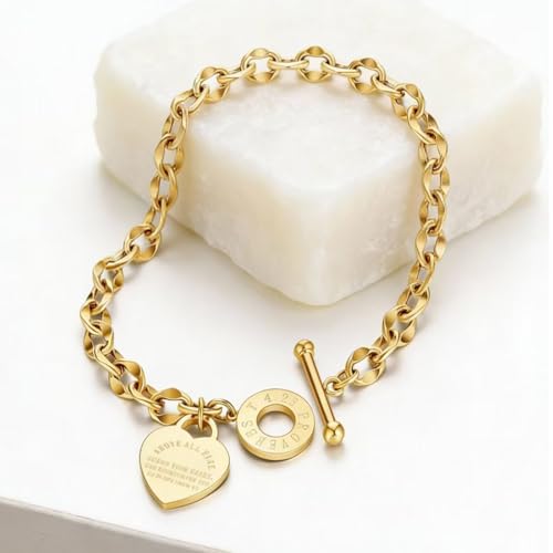 Charm Bracelet for Women 18k Gold/Silver/Rose Gold Plated Love Heart Elegant OT Clasp Stainless Steel Green Bag Packaging Jewelry Gift Birthday - color: 18k Gold, size: 7 inch