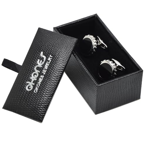 Gear Black Stone Cufflinks Set,5Pcs Studs, Collar Clips with Gift Box for Formal Tuxedo, Tuxedo Shirt, French Dress