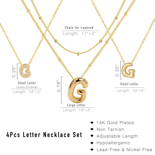 stino 4PCs Bubble Initial Letter Necklace Set, No Tarnish 14K Gold Plated Alphabet Pendant, Jewelry for Women - style: G