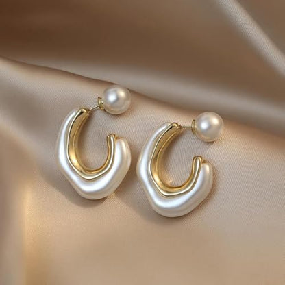 Acrylic Open Hoop Statement Earrings for Women,Fashion Chunky Geometric Resin Double Sided C Earrings,Minimalist Pearl Open Hoop Earrings Jewelry