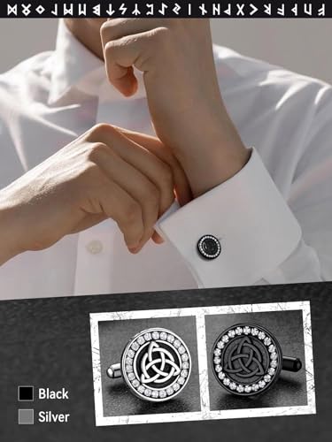 FaithHeart Mens Cufflinks, Norse Viking Tuxedo Shirt Cuff Links, Stainless Steel Cuff Links and Shirt Studs, Gift Box - style: 02. Trinity Celtic CZ-Black