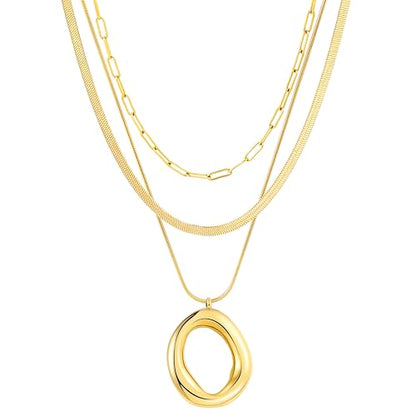 Layered Gold Necklaces for Women,18K Real Gold Plated Trendy Circle Pendant Necklace, Stackable Necklace Stainless Steel Jewelry Gifts for Birthday Valentine's, Mother's Day & Christmas - style: Gold-A