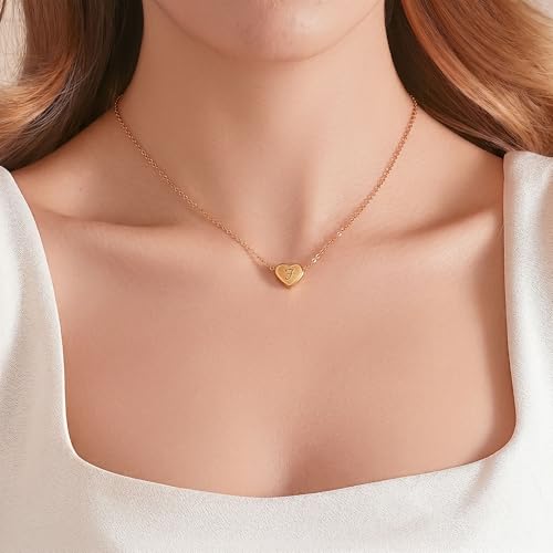 18k Gold Plated Heart Pendant Letter Necklaces for Girls Stainless Steel Initial Necklace for Women Birthday Gifts for Girls Women - color: Brushed Gold, style: Letter F