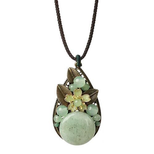 Natural Jade Stone Necklace, Adjustable Rope Chain Length Lucky Protection Friendship Charm Pendant Necklace for Women Friends Gifts