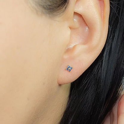 QueenBee 14K Gold Plated Ivy Flower Birthstone Stud Earrings for Women Dainty Floral Gemstone Studs Unique Jewelry Gift for Her - color: Dec-Blue topaz