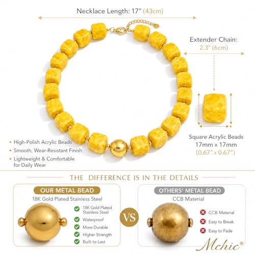 Mchic Colorful Beaded Choker Necklace for Women: Boho Large Square Acrylic Beaded Necklace Stainless Steel Adjustable Surfer Beach Strand Necklaces Summer Handmade Jewelry Gift for Women - color: Yellow