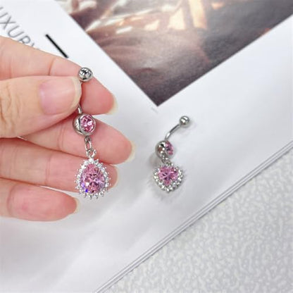 14G Heart and Waterdrop Dangle Belly Button Rings | Stainless Steel, Pink CZ, Dangle Charm Belly Rings, Navel Piercing Barbell, Body Piercing Jewelry - color: Silver
