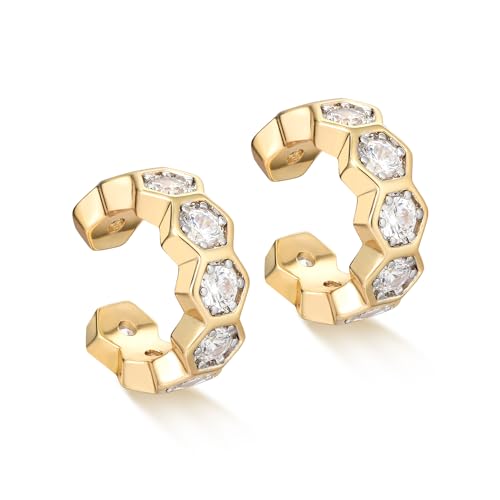 MYEARS Women Ear Cuff Earrings Gold Non Pierced Cartilage Clip on Open Wrap Hoop 14K Gold Plated Simple Hypoallergenic Everyday Jewelry - style: Honeycomb / Pair