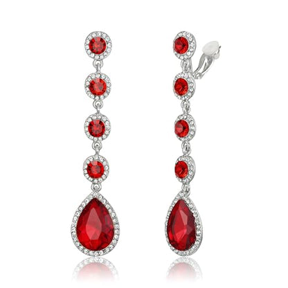EleQueen Women's Wedding Crystal Teardrop Pear Shape 3 Inch Clip on Long Dangle Earrings for Bride Bridesmaid, Jewelry for Party Prom/Anniversary - color: Red Silver-Tone