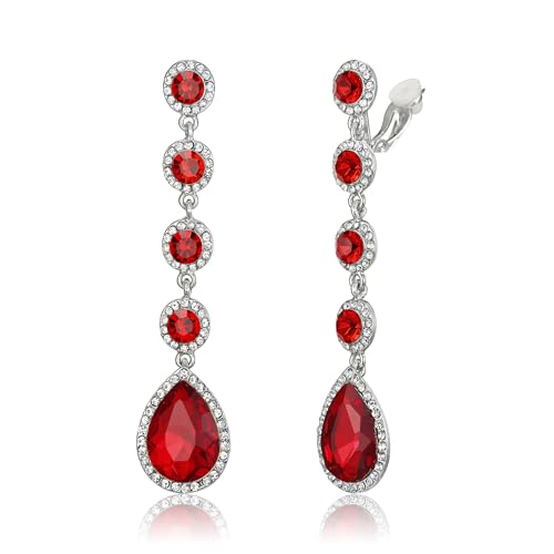 EleQueen Women's Wedding Crystal Teardrop Pear Shape 3 Inch Clip on Long Dangle Earrings for Bride Bridesmaid, Jewelry for Party Prom/Anniversary - color: Red Silver-Tone