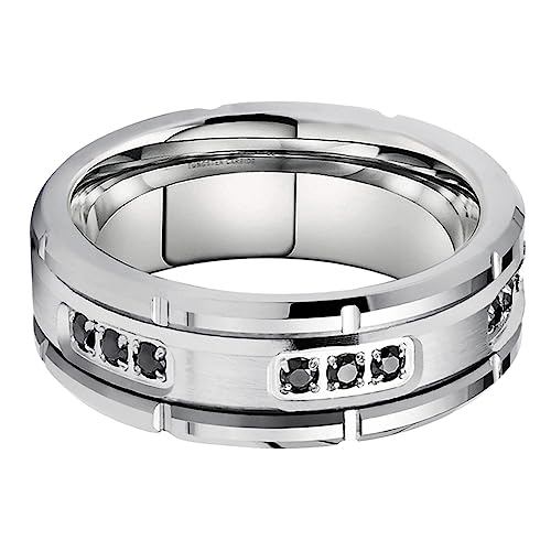 TUTISS 8mm Silver/Black Tungsten Rings for Men Women Promise Engagement Eternity Wedding Bands Black Cubic Zircon Stone Inlay All Around Matte Finish Comfort Fit - color: 8mm Tungsten