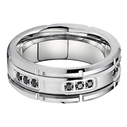 TUTISS 8mm Silver/Black Tungsten Rings for Men Women Promise Engagement Eternity Wedding Bands Black Cubic Zircon Stone Inlay All Around Matte Finish Comfort Fit - color: 8mm Tungsten