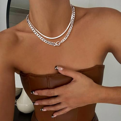 CHESKY 14K Gold Plated Chunky Necklace for Women, Trendy Toggle Clasp | Statement Pendant Necklace, Layered Paperclip Chain, Toggle Clasp Design, Thick Gold Chain, Non Tarnish Everyday Jewelry - color: silver, style: cuban+herringbone
