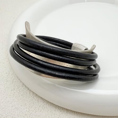 Leather Wrap Bracelet for Women Bangle Bracelet Handmade Bohemian Bangle Bold Statement Leather Bracelet for Women Trendy - style: Black Leather Wrap Bracelet