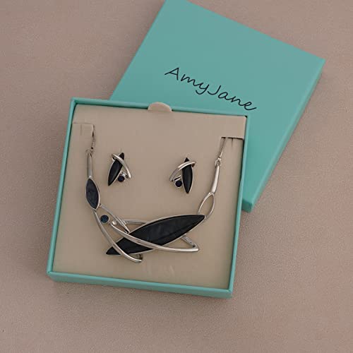 AMYJANE Vintage Statement Jewelry Set - Spring Leaf Flower Floral Plant Necklace Earring Set Crystal Rhinestone Fashion Costume Jewelry for Women Prom Party Unique Gift - style: ML Geometric Jewelry Set-Black