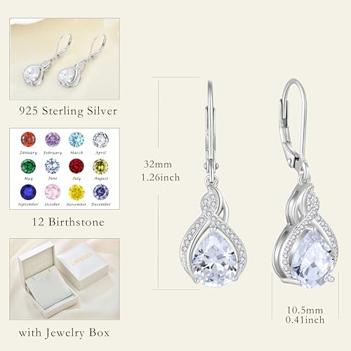 925 Sterling Silver Infinity Teardrop Earrings for Women | Lwsary Dangle Drop Leverback Earrings, Pear Shaped Birthstone Jewelry for Her - color: Clear White