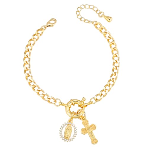 XUANPAI Virgin Mary Cross Bracelet for Women,14K Gold Plated Chain Bracelet,Virgen de Guadalupe Catholic Link Bracelet with Crucifix Charm, No Tarnish Religious Jewelry Gift for Baptism Confirmation - color: Gold-Cuban Link Chain