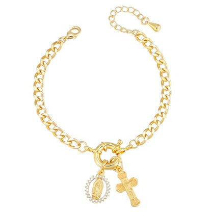 XUANPAI Virgin Mary Cross Bracelet for Women,14K Gold Plated Chain Bracelet,Virgen de Guadalupe Catholic Link Bracelet with Crucifix Charm, No Tarnish Religious Jewelry Gift for Baptism Confirmation - color: Gold-Cuban Link Chain