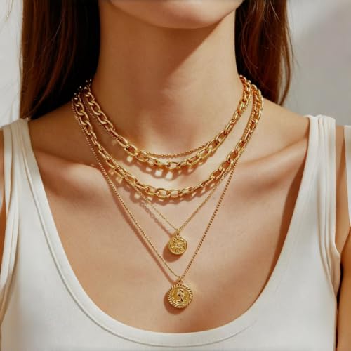 25 PCS Gold-Tone Jewelry Set for Women - 1 Layered Necklaces, 3 Stackable Bracelets, 6 Pairs Earrings, 9 Knuckle Rings, Trendy Gold Plated Layering Jewelry Set for Women Gift