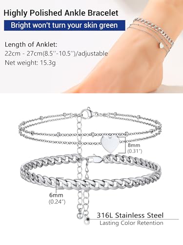 PROSTEEL Trendy Handcuffs Design/Customize Words Ankle Bracelet For Women, 316L Stainless Steel Anklets Silver/Gold/Black Tone, Hypoallergenic, Come with Box - style: 05.2 Layered-Cuban&Heart-Silver