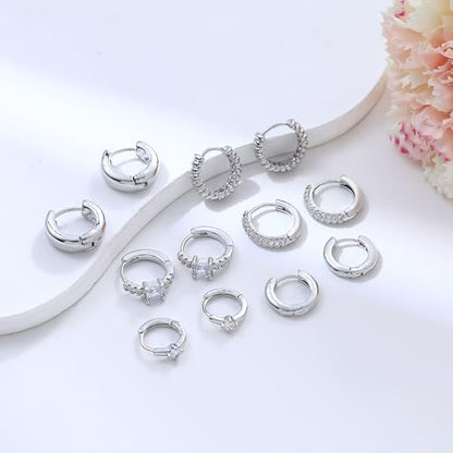 Wgoud Small Gold Hoop Earrings Set for Women, 6 Pairs 14K Gold Plated Hypoallergenic Lightweight Huggie Hoops Earrings, Trendy Cartilage Cubic Zirconia Earrings for Women Gifts. - color: C-Silver hoops